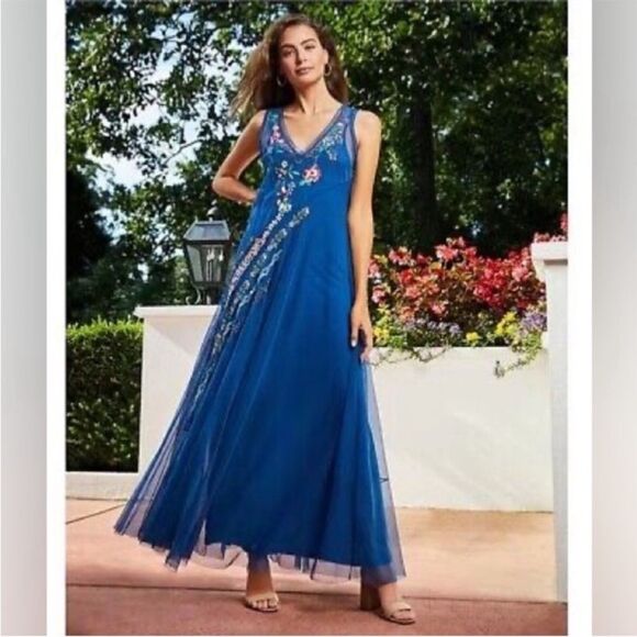 Johnny Was Blue Maxi Dress with Floral Embroidery - Picture 1 of 5